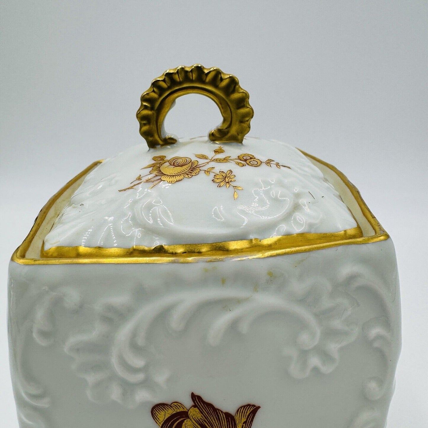 Rare Limoges France Porcelain Floral Gold Painted Biscuit Jar Lidded 7”twisted