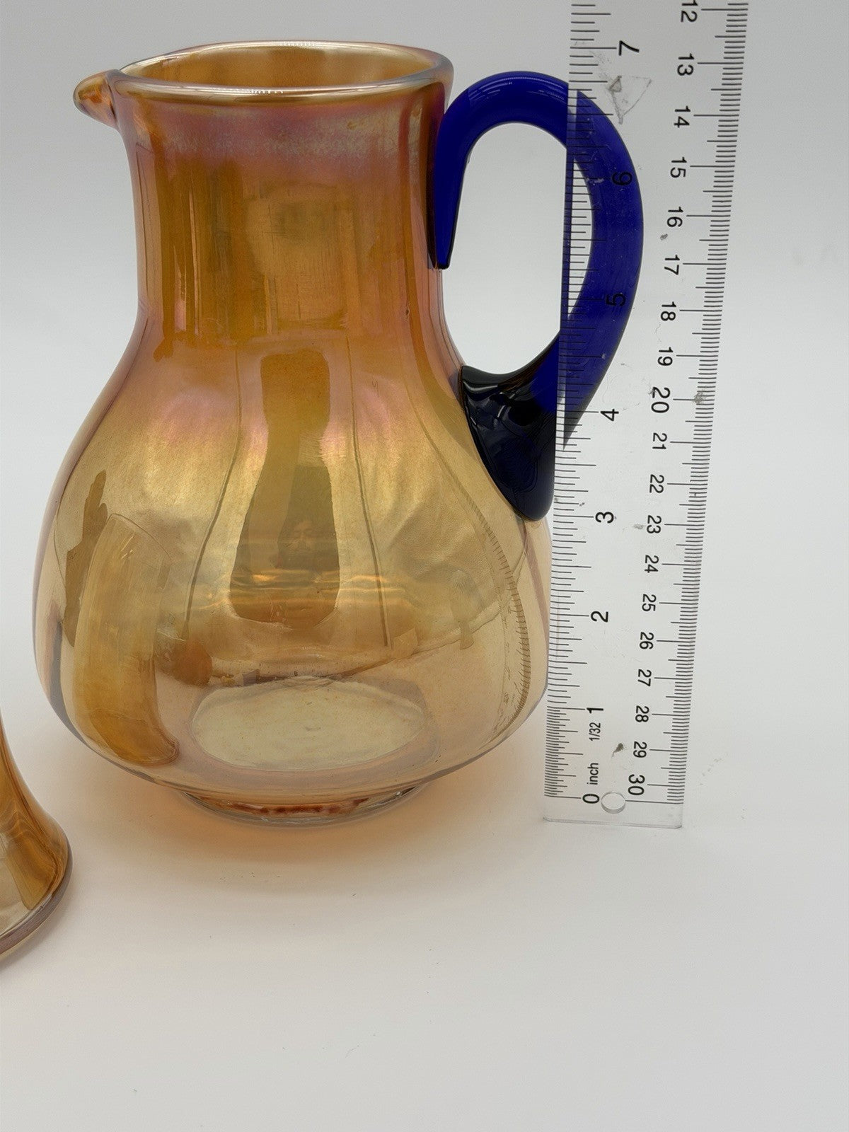 Fenton Art Glass Guest Tumble Up carnival pitcher marigold cobalt blue handle
