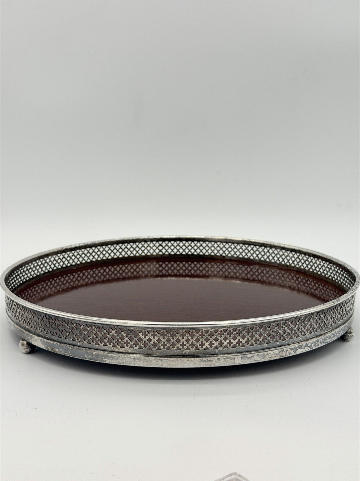 Crescent Silversmith Co Wood Laminate Reticulated Serving Tray Silver plated Bar