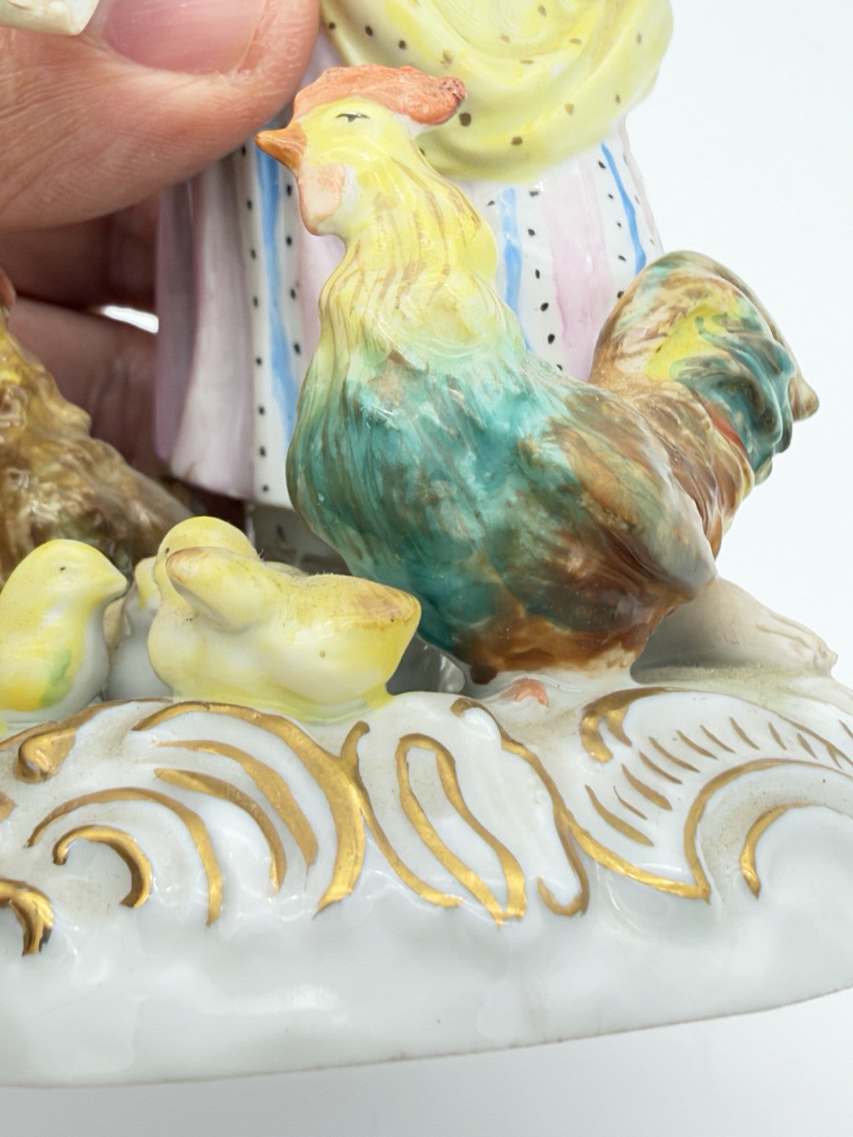 Antique Carl Thieme Dresden Germany Porcelain Painted Girl Feeding Chicken Figur