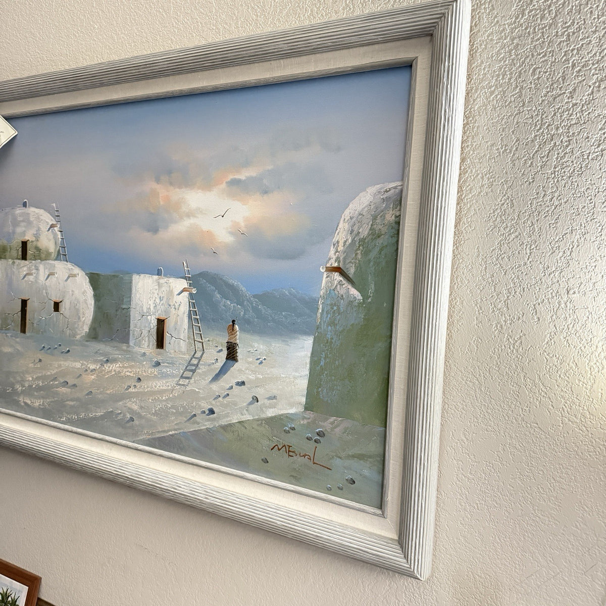 K. Mescal Oil Painting On Canvas Southwest Native American Town Sunset 29”x 41”
