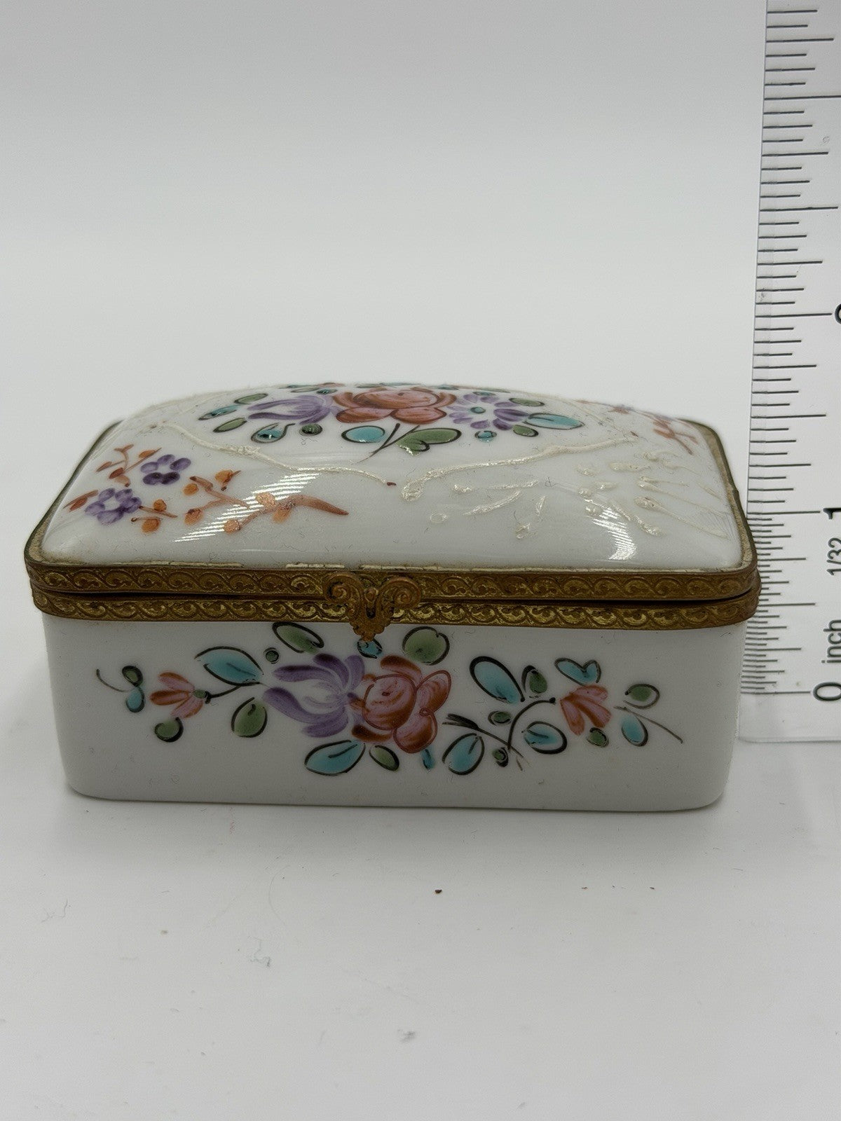 Antique France Made Porcelain Floral Painted Metal Accents Trinket Jewelry Box