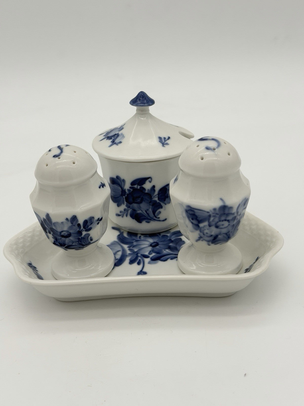 Royal Copenhagen Denmark Porcelain Salt & Pepper Tray Mustard Pot Set 5 PCs