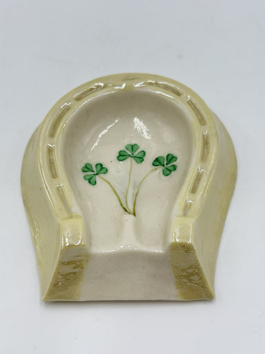 VTG Belleek Porcelain Lucky Horseshoe Spoon Rest / Ashtray / Pipe Rest Shamrocks
