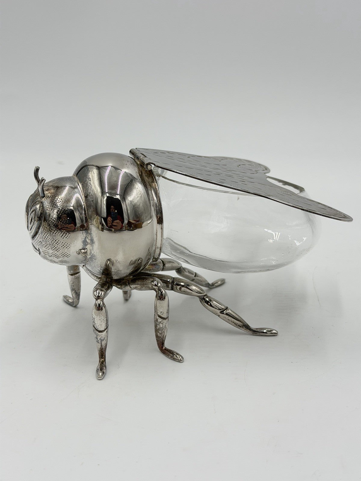 Antique Silver Plate & Glass Honey Bee Honey Pot Unmarked 6" Long x 3" Tall