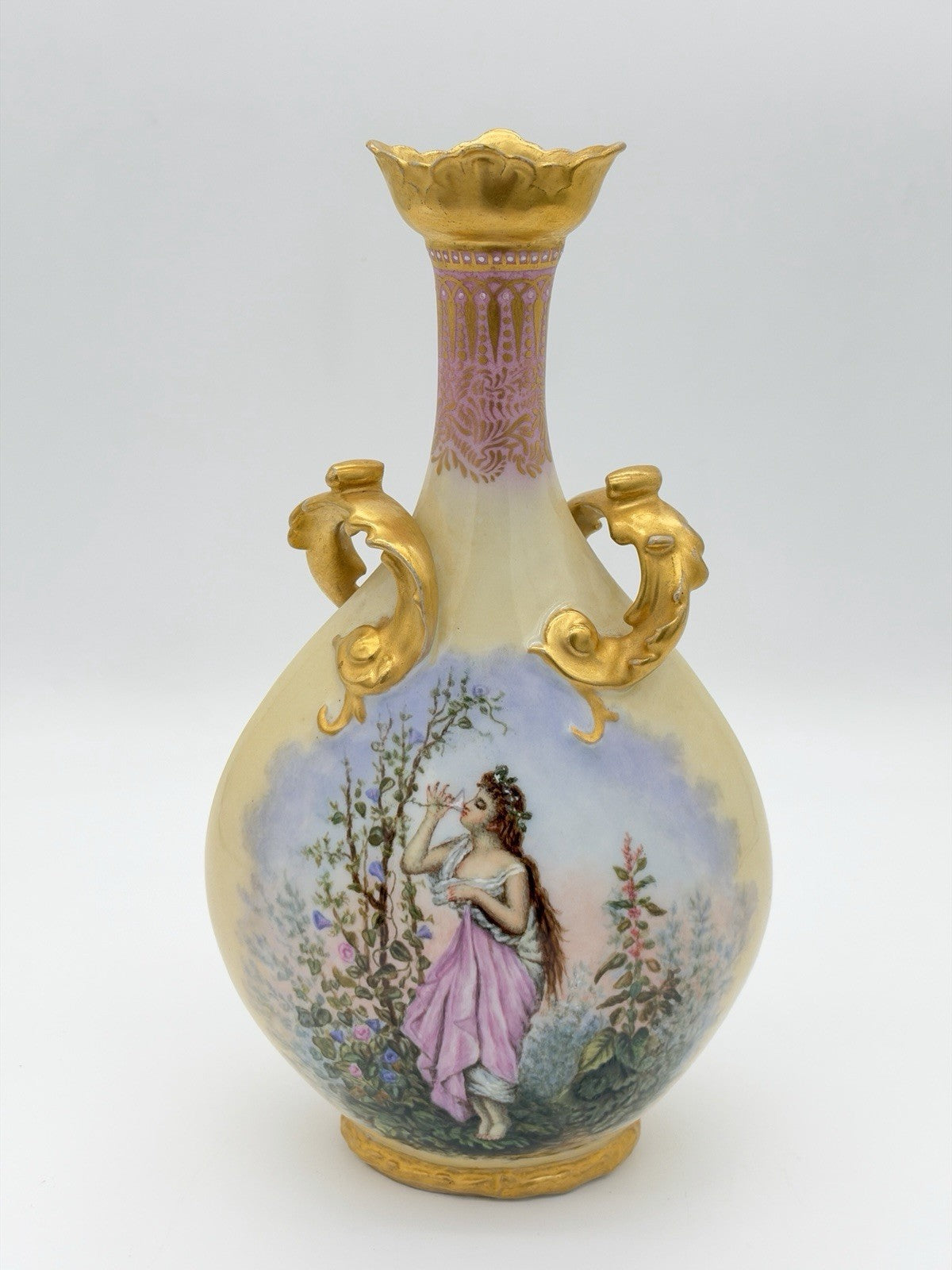 Antique Elite Limoges France Jean Pouyat C.1900 Porcelain 10” Handled Gold Vase