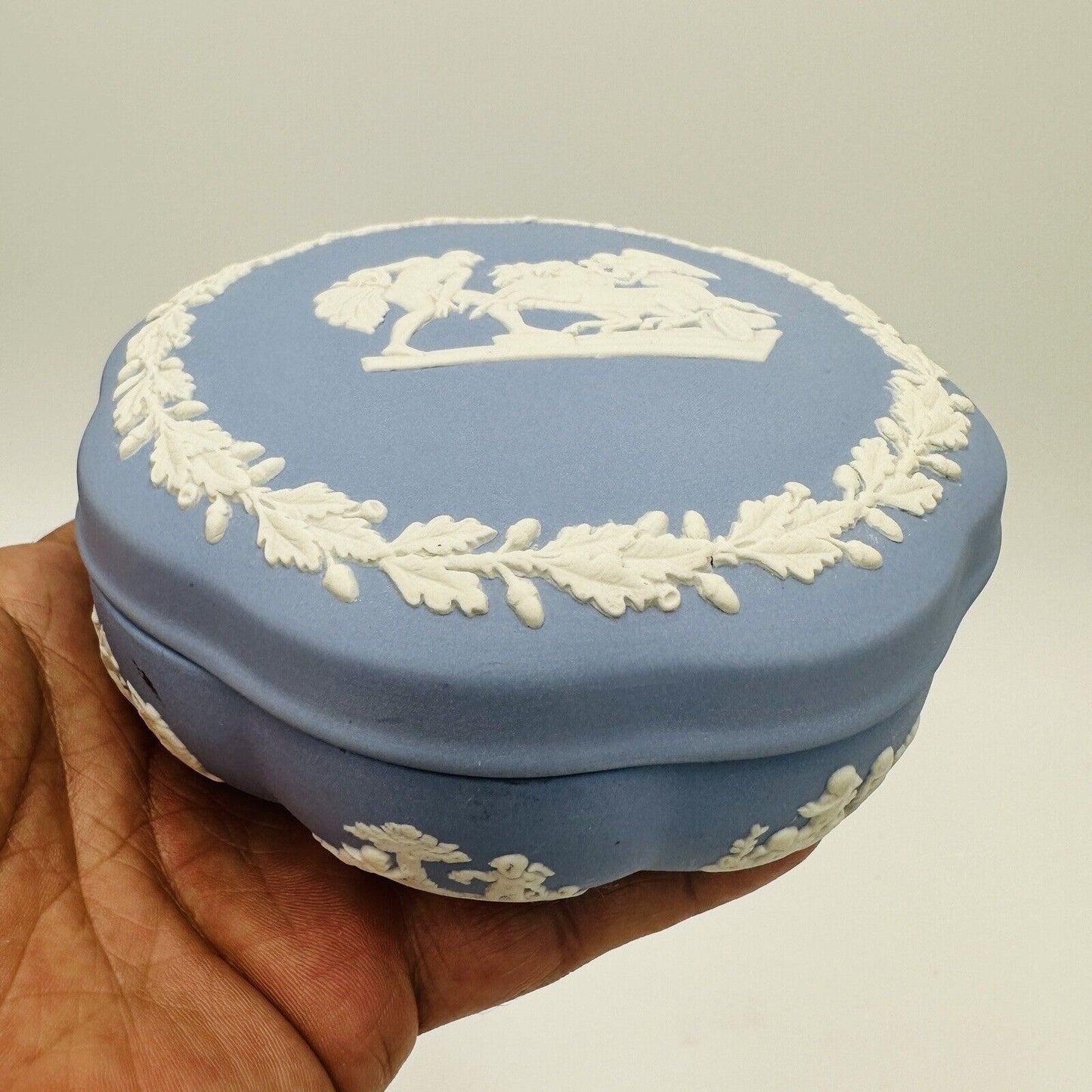 Wedgwood Blue Jasperware Covered Dresser Trinket Box Inlaid Ornate Horse Vintage