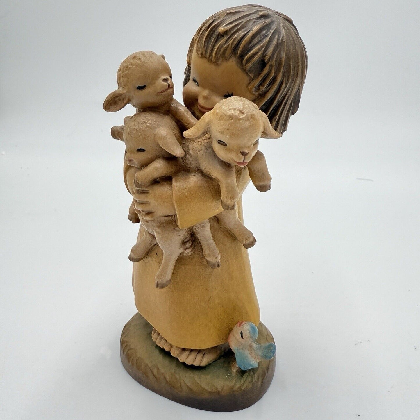 Vtg ANRI FERRANDIZ 5” Wood Carved Figurine Spring Arrivals Girl W/lambs Italy