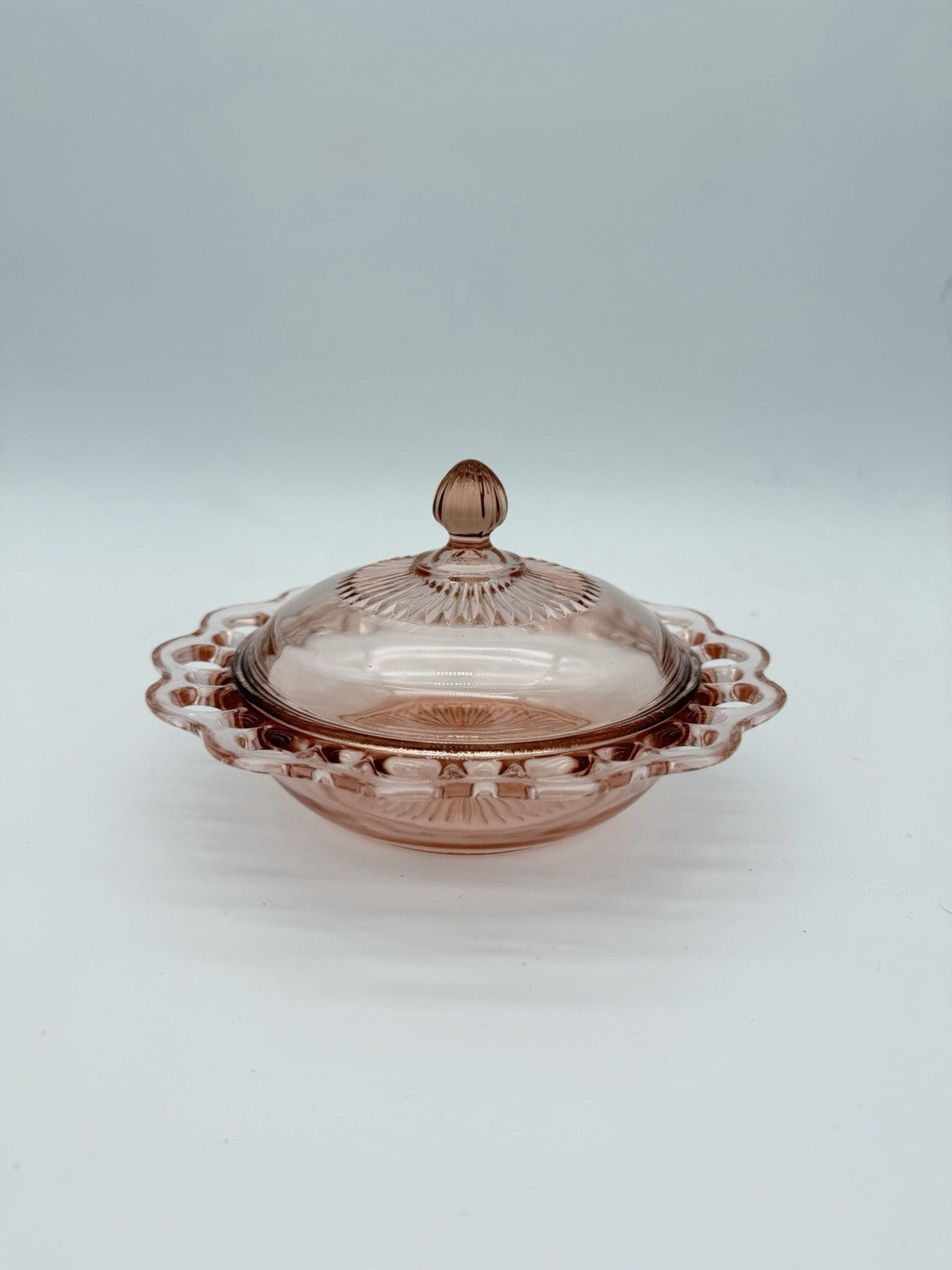 Vtg Anchor Hocking Art Glass Old Colony Lace Edge Pink Depression Butter Dish