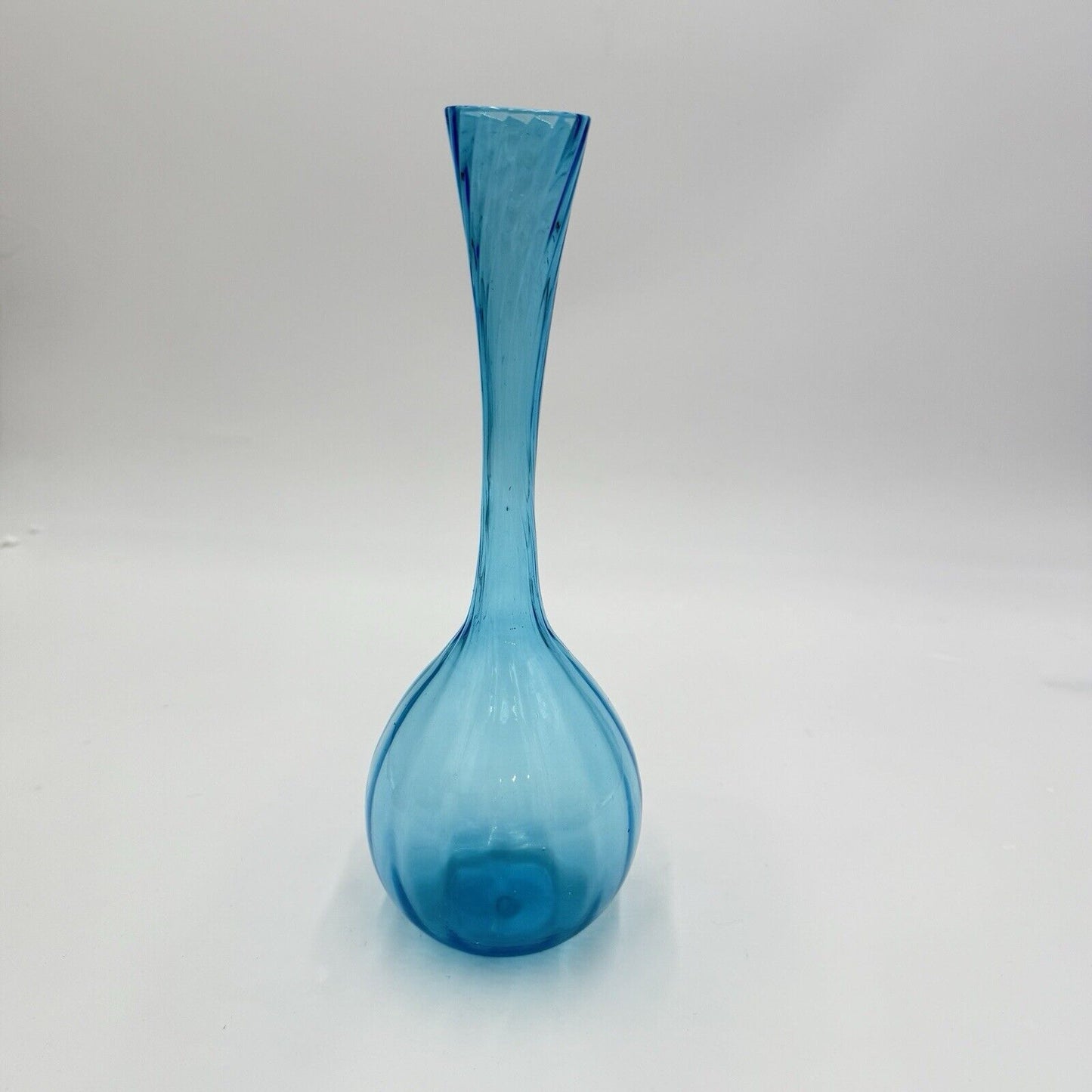 Vintage Swedish Art Glass Flower Bud Aqua Blue Bulb Glass Vase 10” Swirl