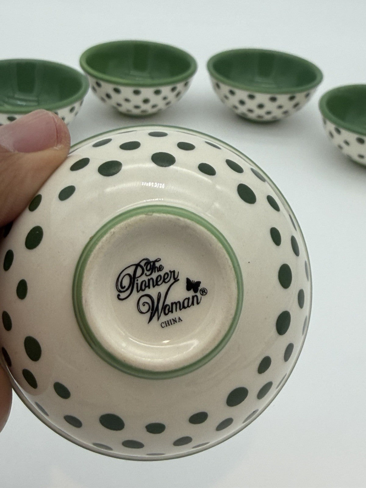 Pioneer Woman Green Flea Market Cerami Retro Dot Green Dipping Bowls 3.125 Rare
