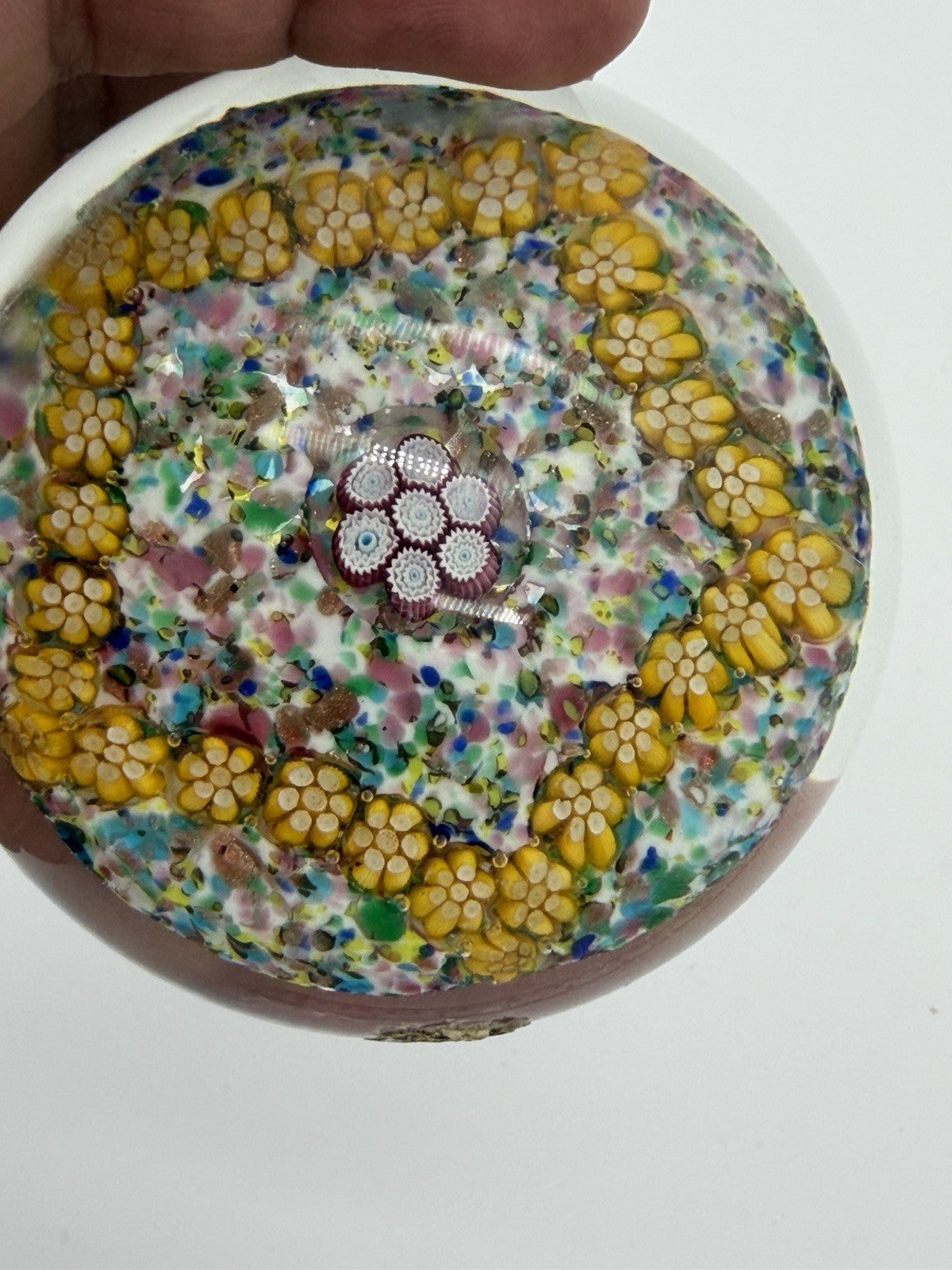 Vintage Murano Venetian Italy Art Glass Floral Millefiori Paperweight 2”x 2.5”