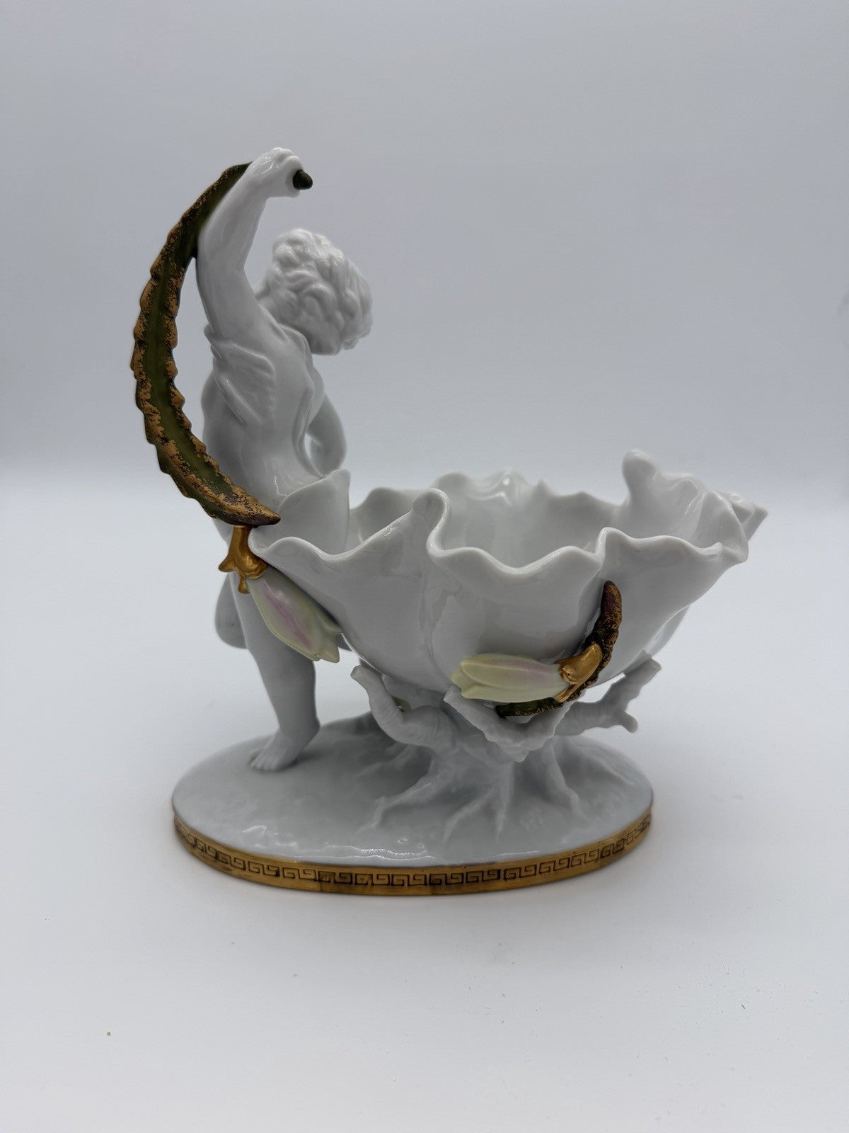 Antique Moore Bros White/Gold Trim Orchid Porcelain Putti Cherub Bowl Sculpture
