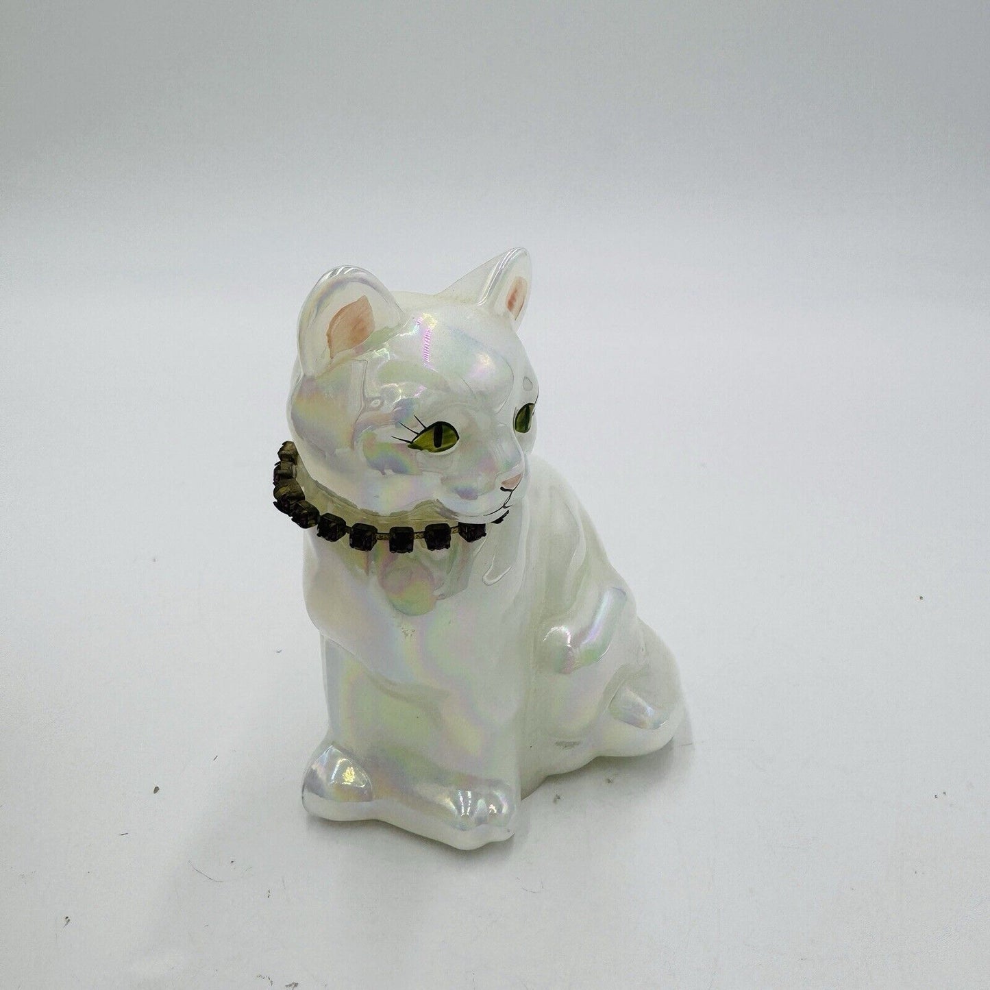 Vintage Fenton Art Glass Birthday Cat Iridescent  Figurine Signed