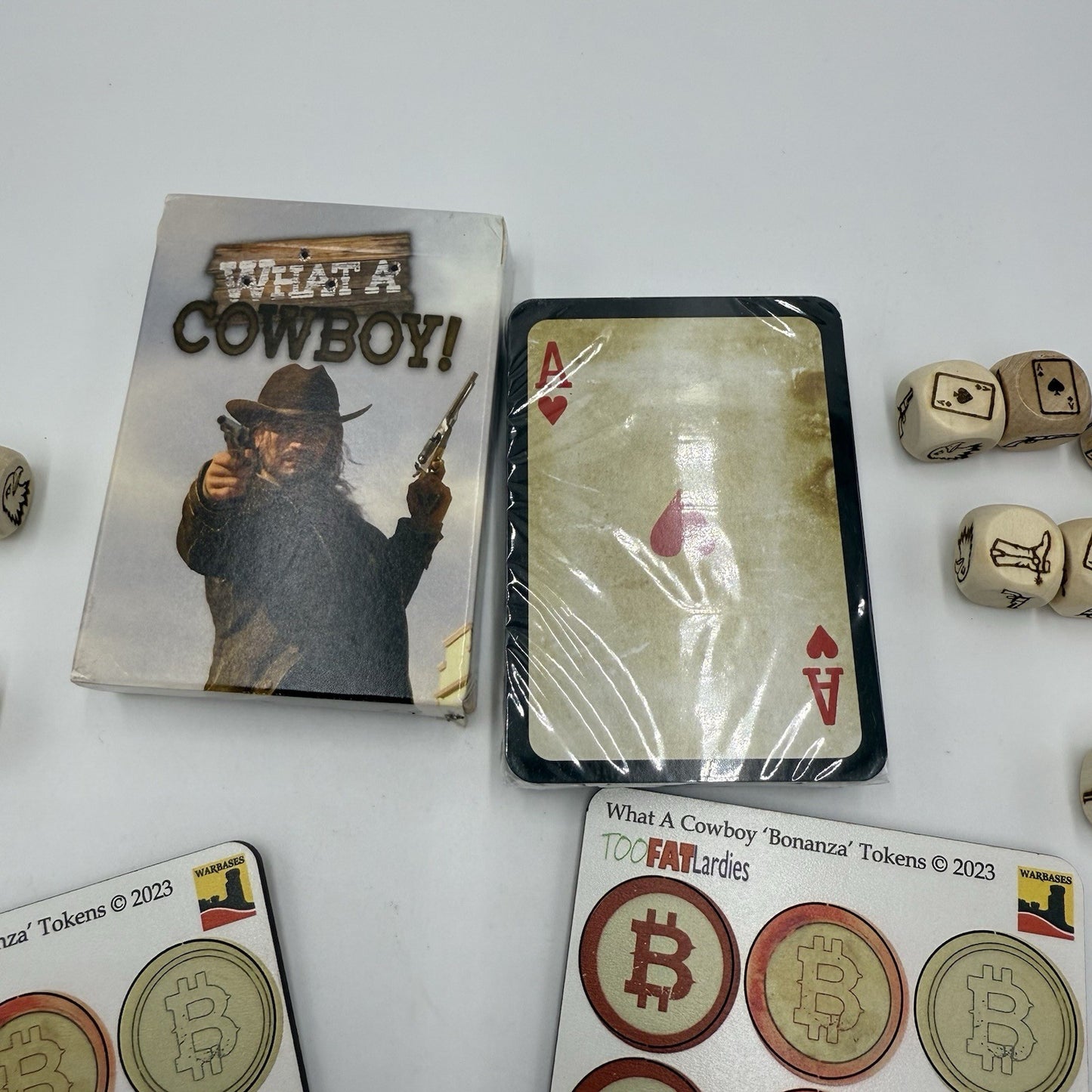 What a COWBOY BUNDLE Sealed Deck Of Cards Tokens TOO FAT LARDIES & Custom Dice