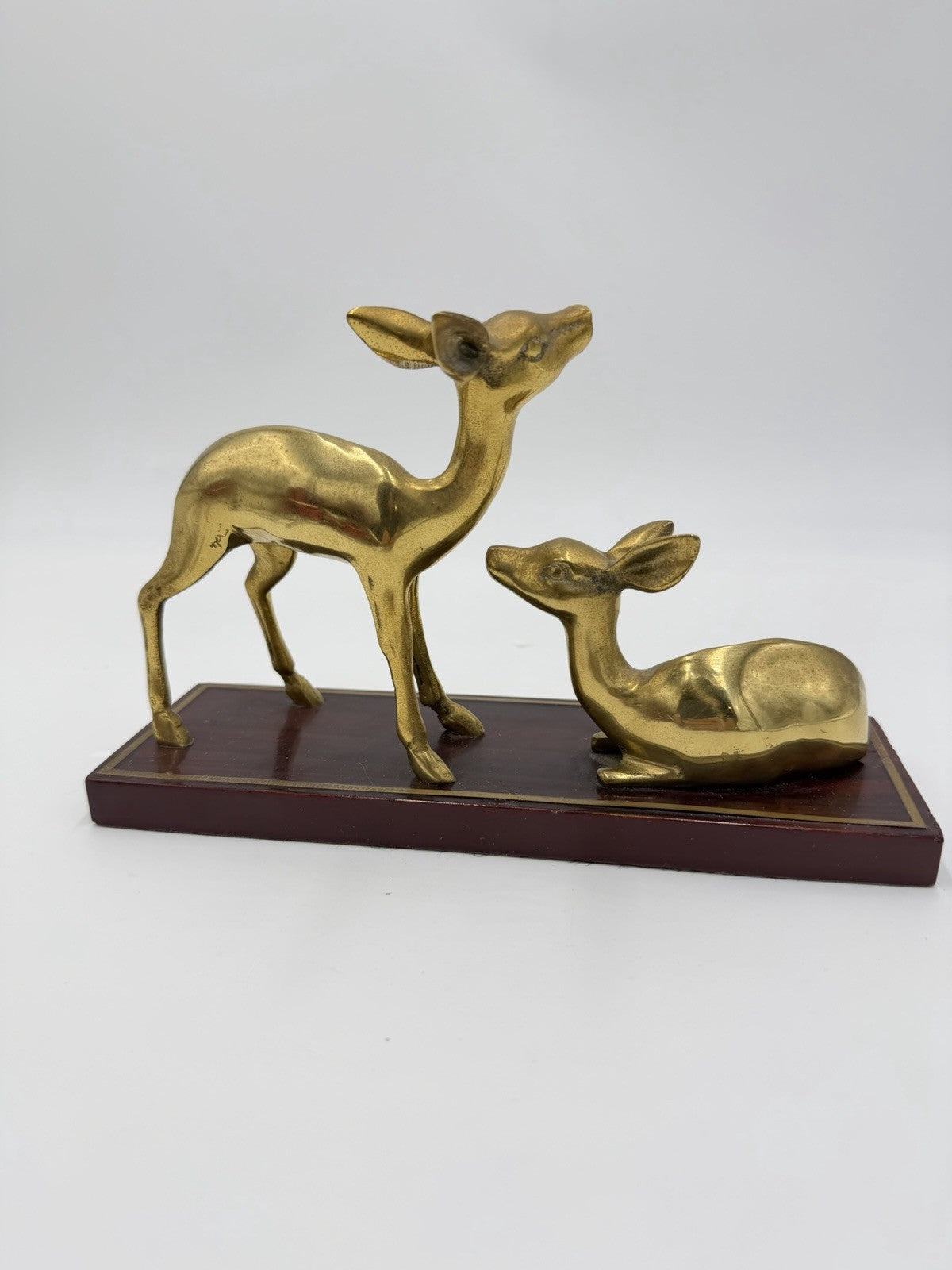 Vintage Gatco Solid Brass Deer Set on Wood Stand Woodland Figurines 6”x9”