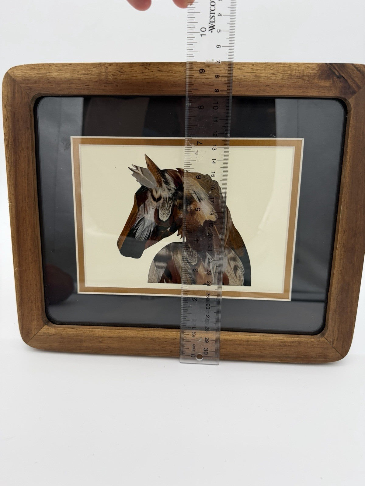 Folk Art Feathers Art Horse Wall Hanging Framed Art Wood Frame 11”x9”