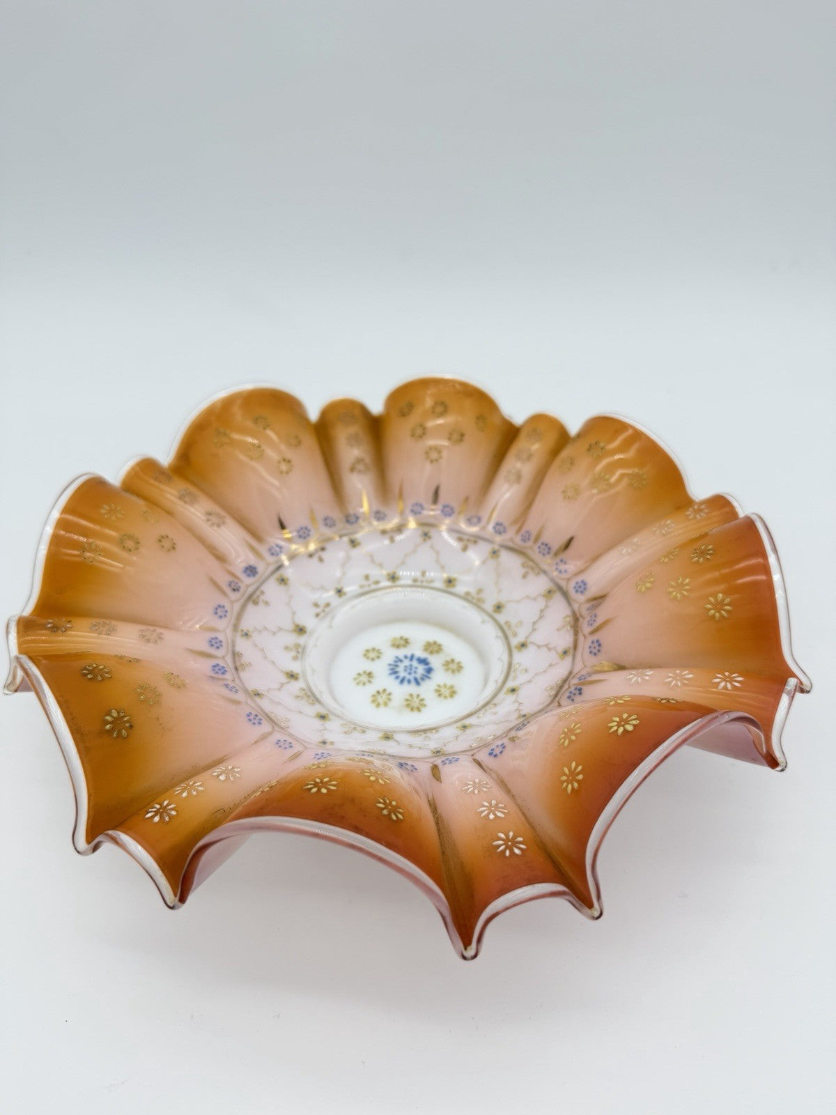 Antique Victorian Wedding Bride Art Glass Peach Ruffled Floral Hand Painted Bowl