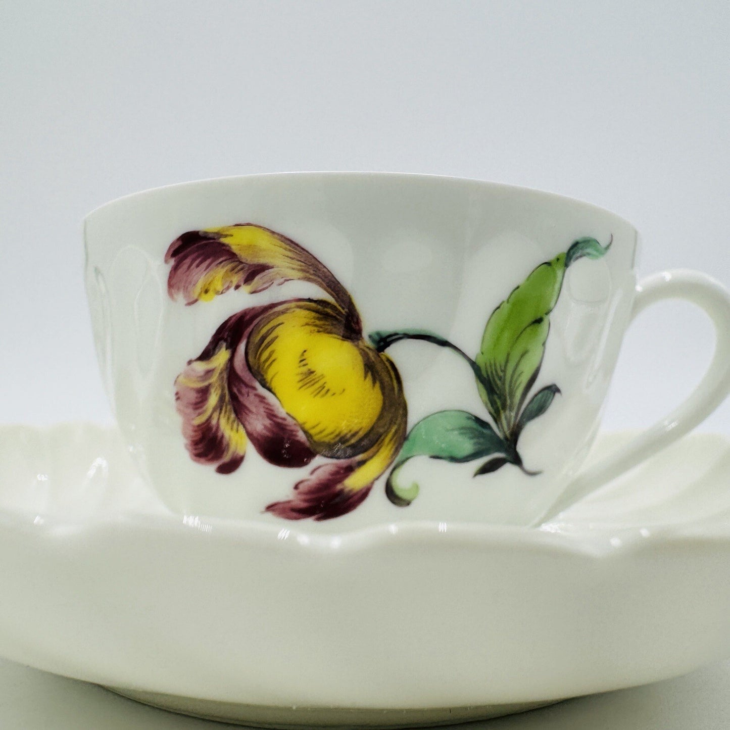 Nymphenburg Teacup & Saucer Porcelain Germany Welle Ribbed 1632 Floral Antique