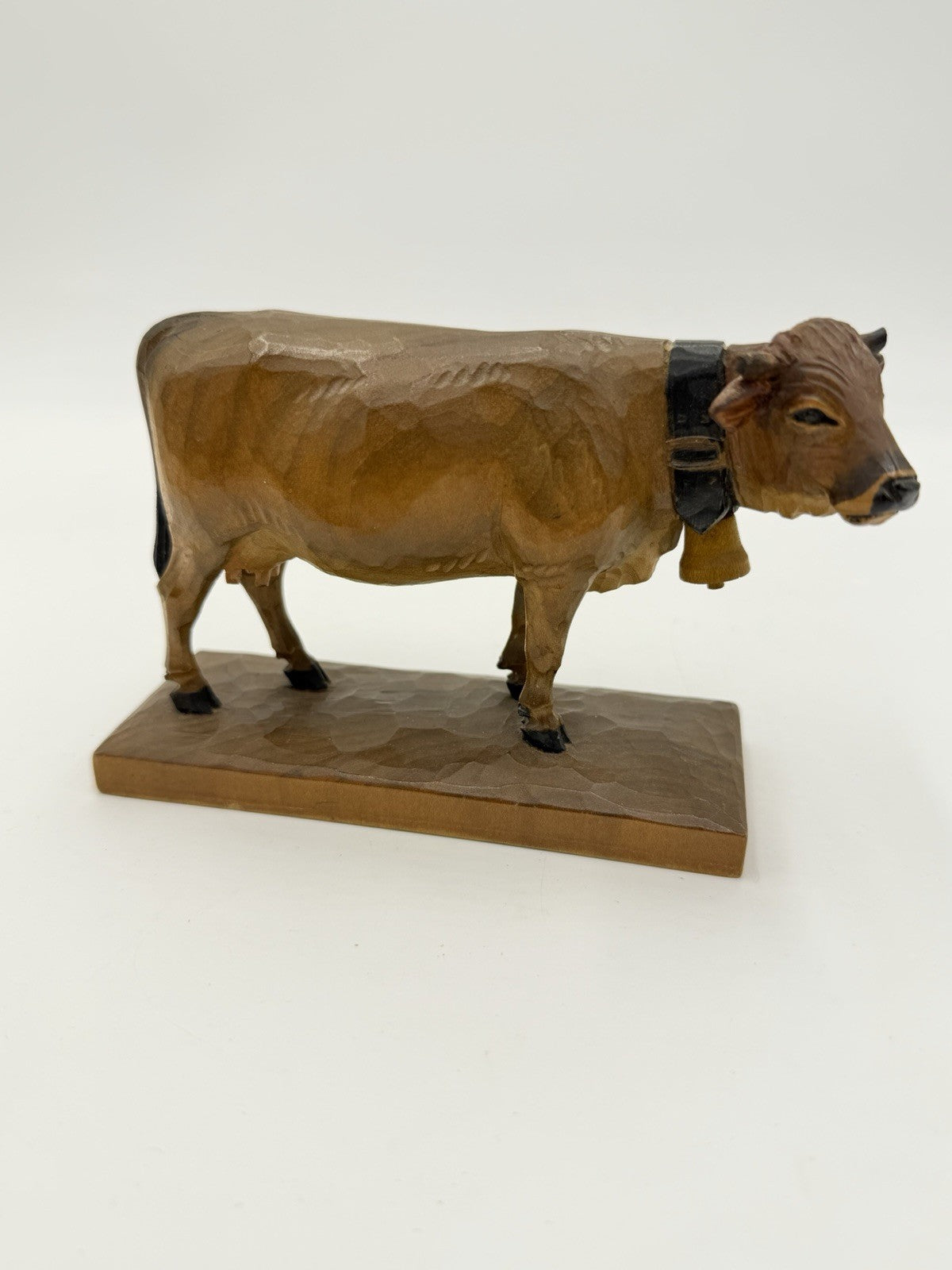 Swiss Folk Art Wood Carving Cow Signed HF Figurine Antique Switzerland 3.5”H X6”