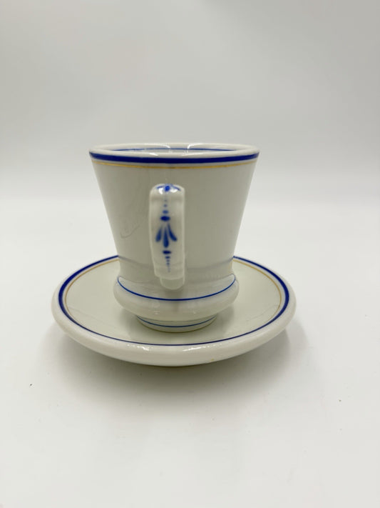 Antique French Brûlot coffee cup and saucer Porcelain White Blue Rim 1920's
