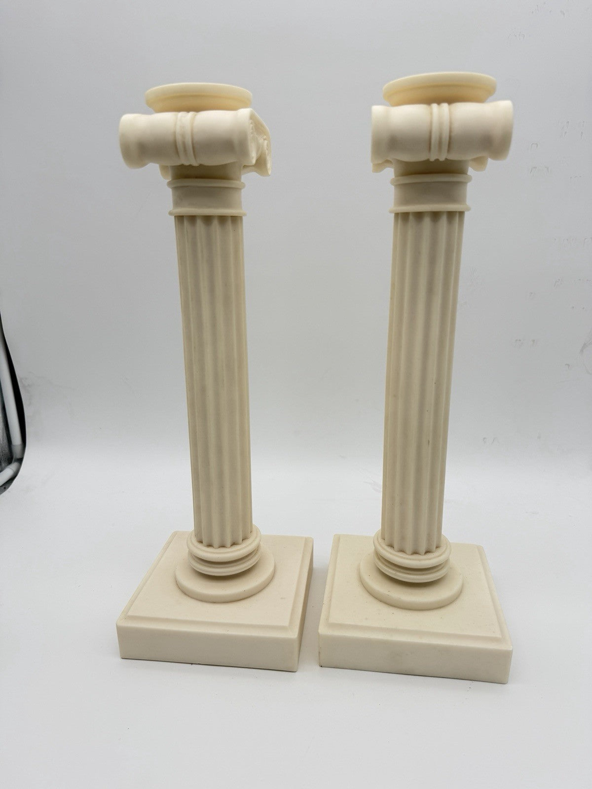 2 Alabaster Carved Roman Columns Corinthian  Sculpture Candle Holders 15.5”x5”