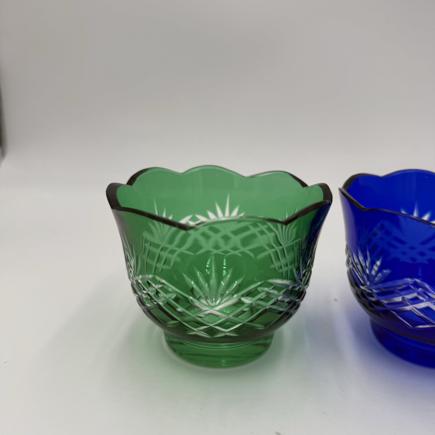 Vtg Bohemian Colored Crystal Cut  Scalloped Edge Votive Green Blue Purple 3 Pcs