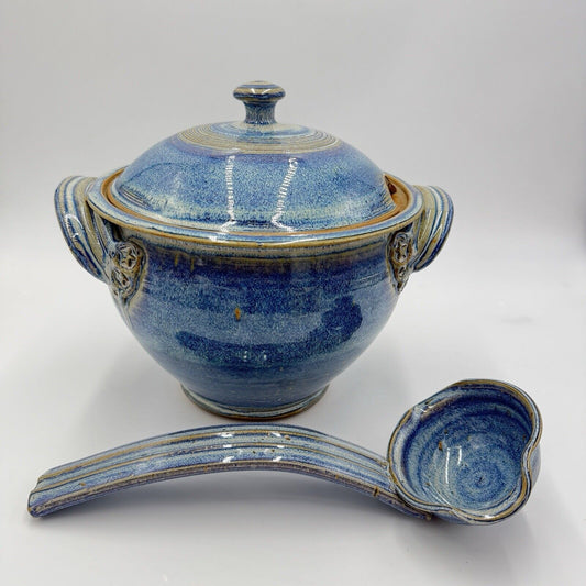 Steve Coburn Pottery Casserole with Lid Covered Soup Dish USA Ladle Blue Signed