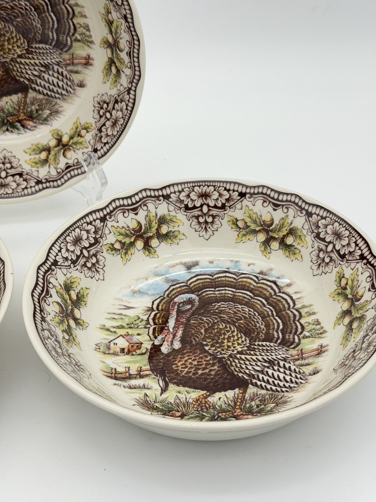Victorian English Pottery Turkey Bowls Dinnerware Fall Thanksgiving 7”set 3 PCs
