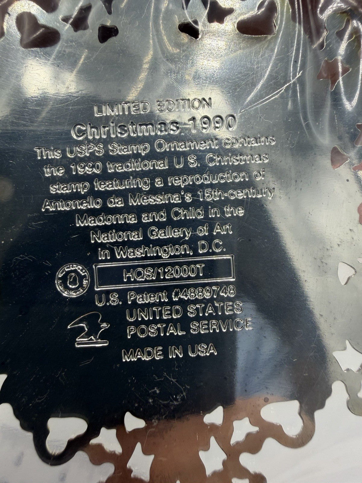 1990 USPS Stamp Ornament Madonna W/baby Silver Christmas Sealed Límited Edition