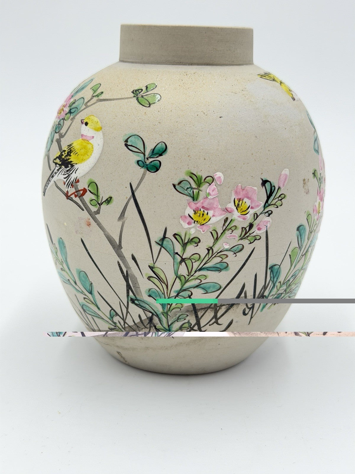 Antique Japanese Pottery Cherry Blossom Yellow Goldfinch Painted Vase 5”H