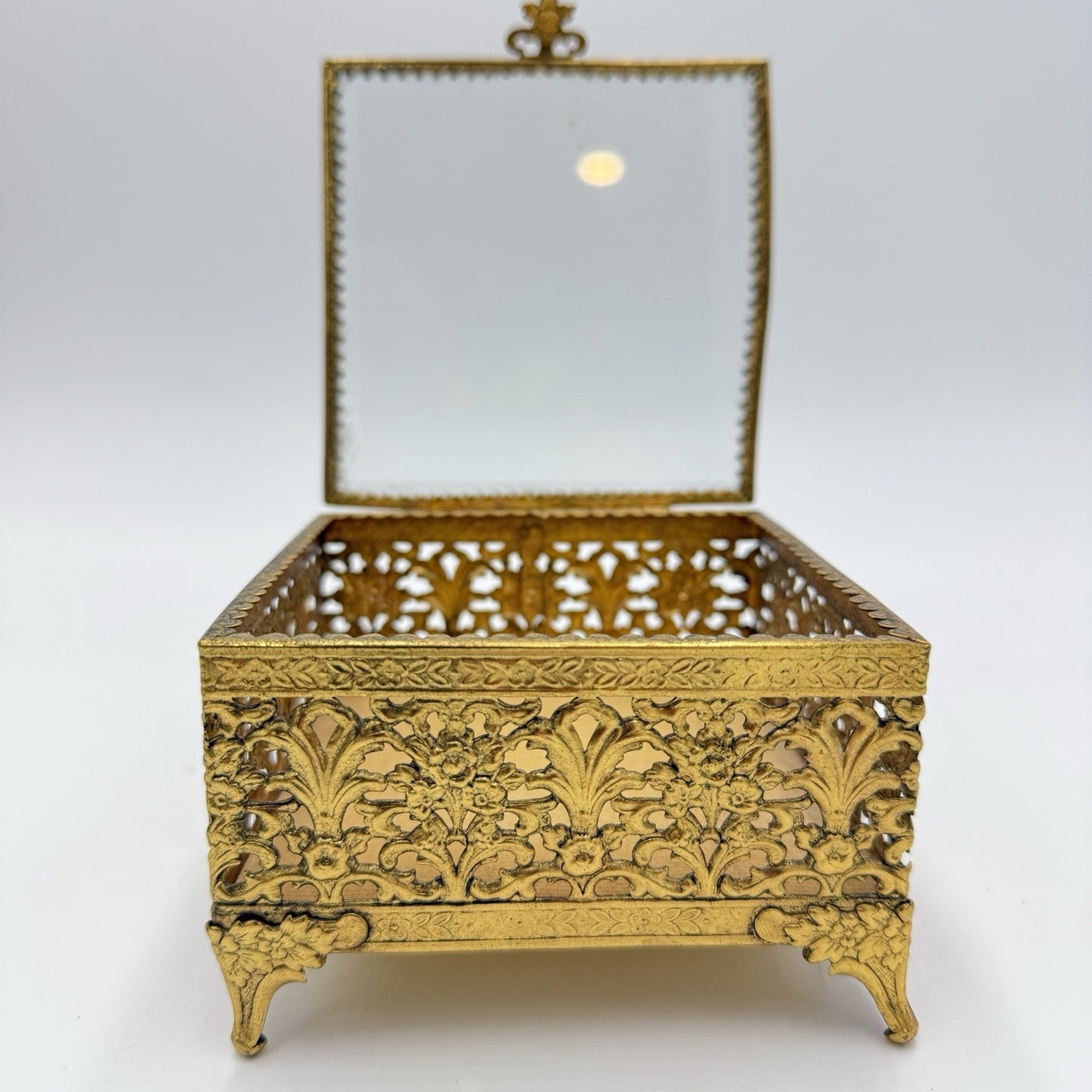 Ormolu gold filigree jewelry casket with beveled glass Hollywood Regency Box