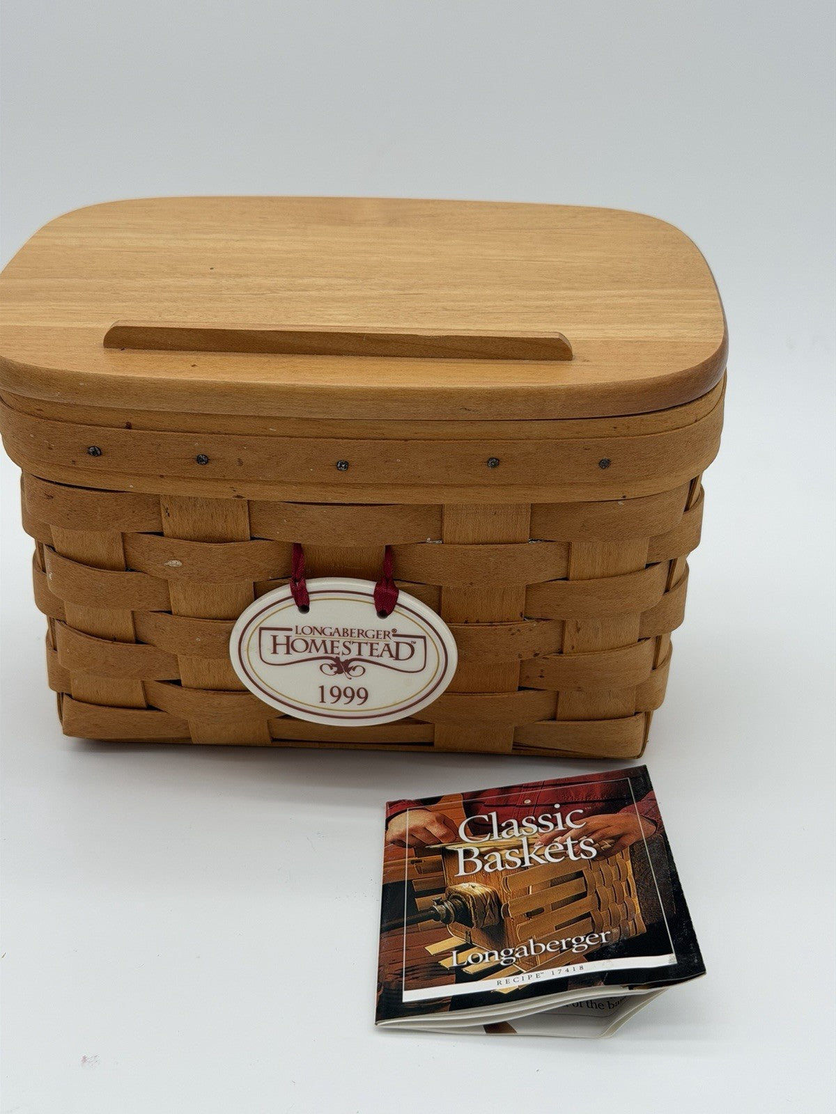 Vintage 1999 Longaberger Recipe Wood Woven  Basket w/Lid Plastic Insert Natural
