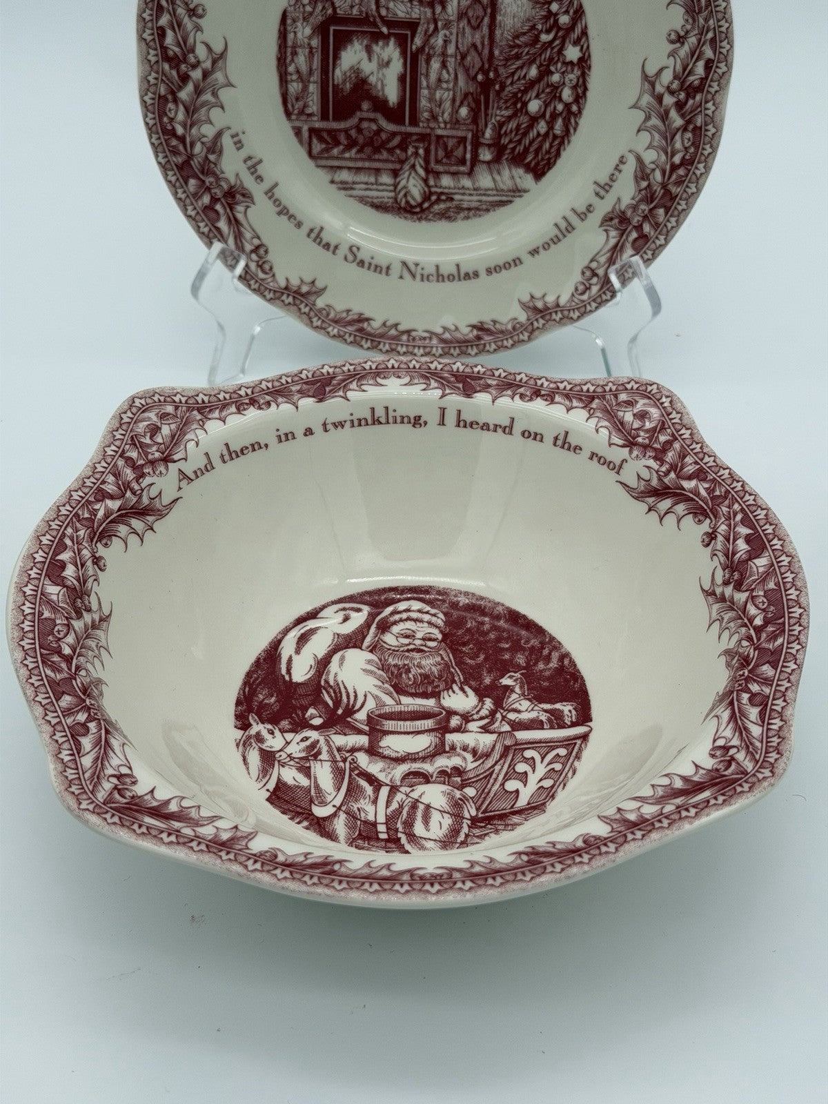 Johnson Brothers England Porcelain Twas The Night Dessert Plate & Bowl Set Red