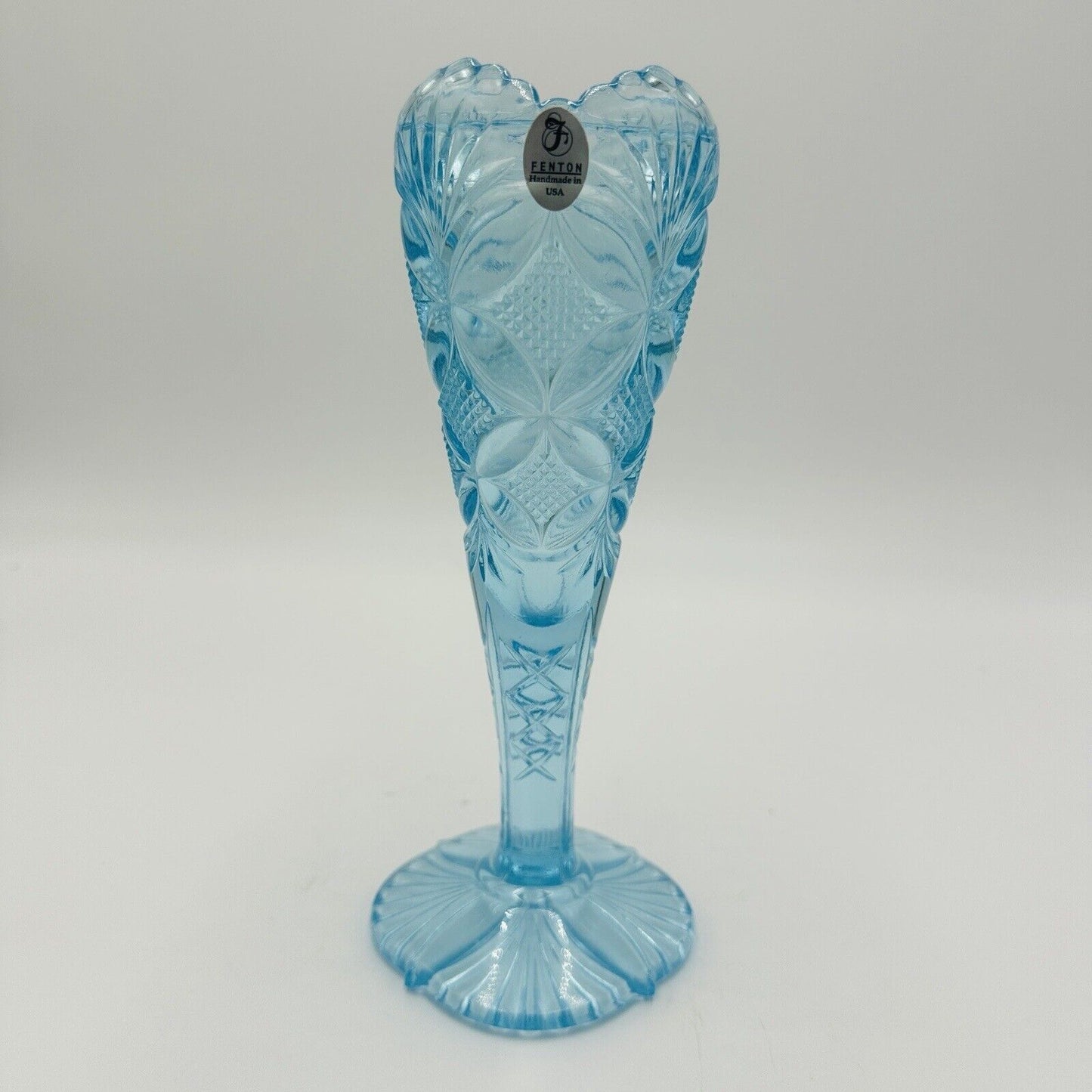 Fenton Art Glass Vase Aqua Blue With Etched Butterfly & Diamond Pattern Vintage