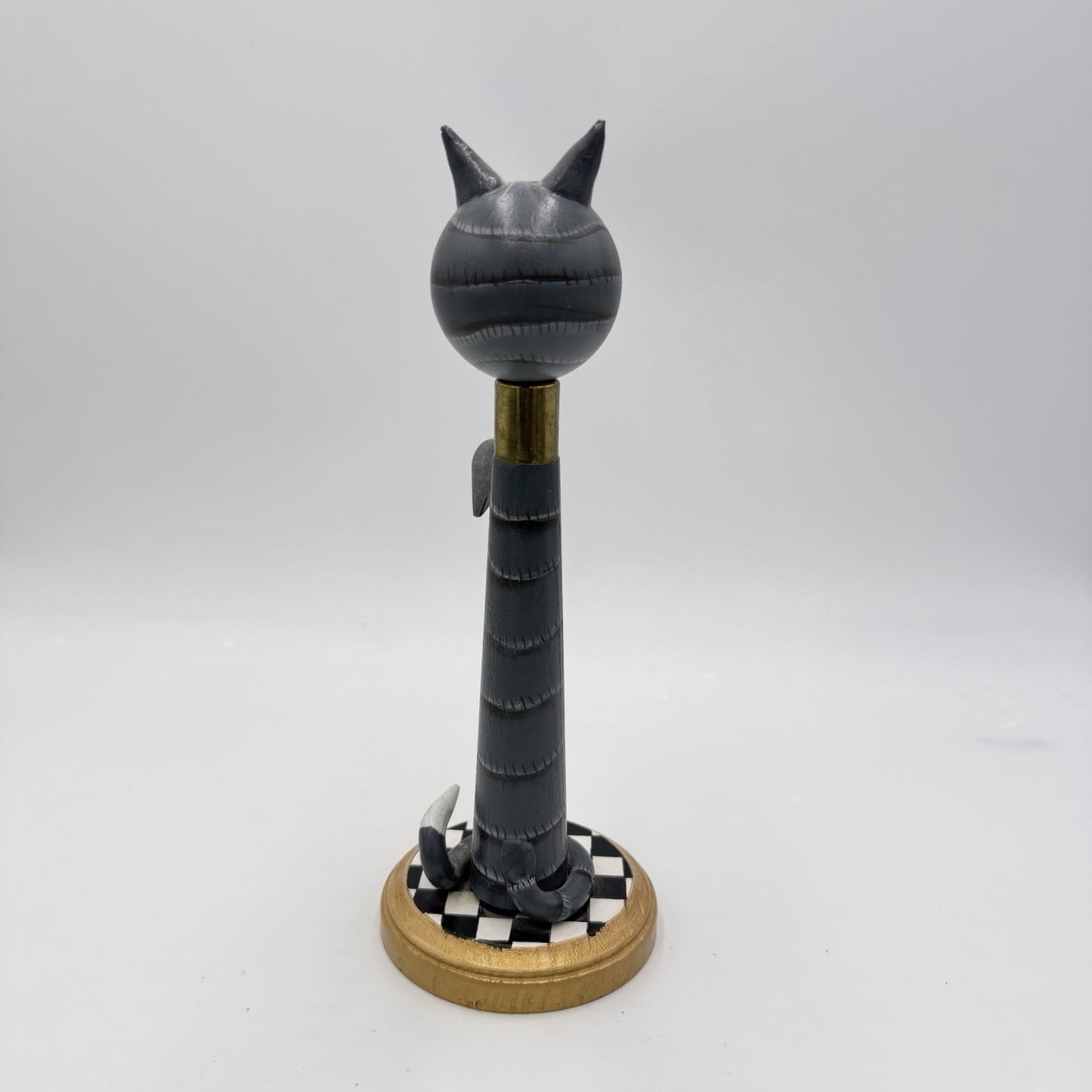 Vintage Folk Art American Spindle Art Cat With Mice Wood Carved 10.5in