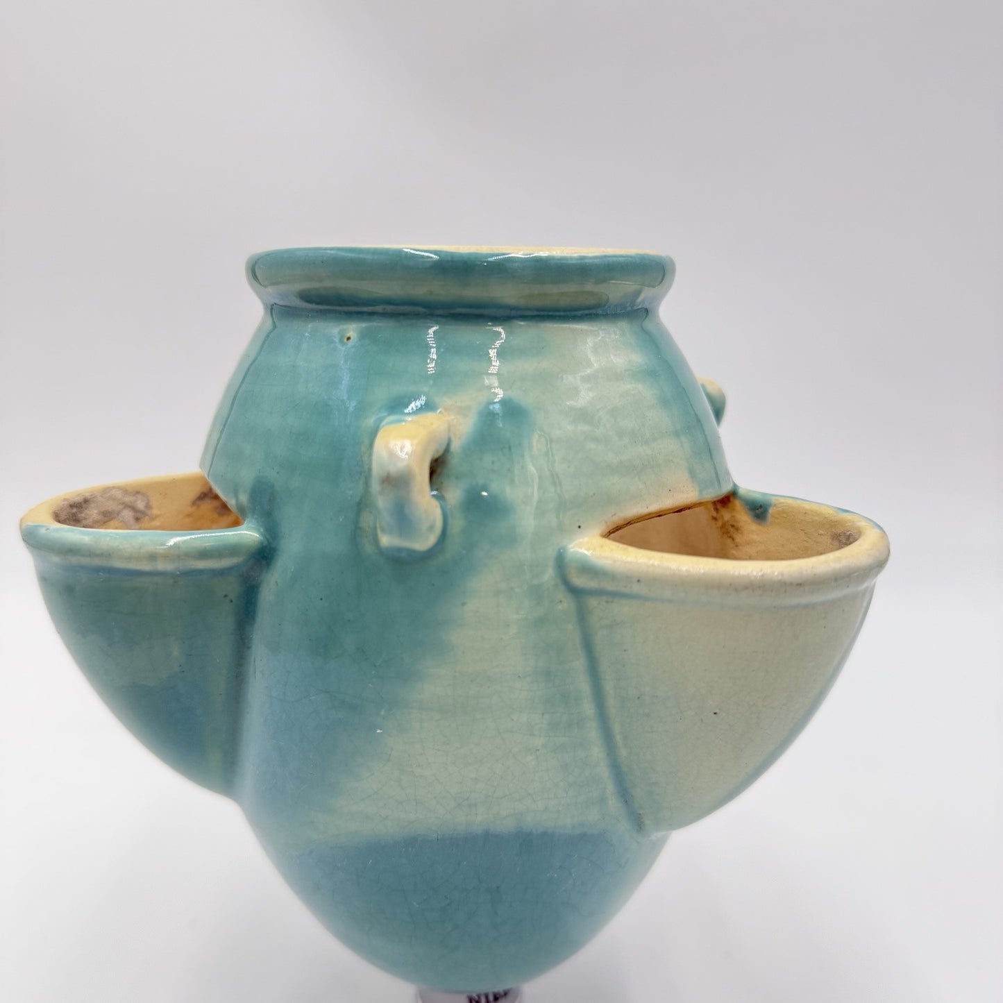 Roseville Art Pottery Ixia Art Deco 1937 hanging pocket planter turquoise 6”