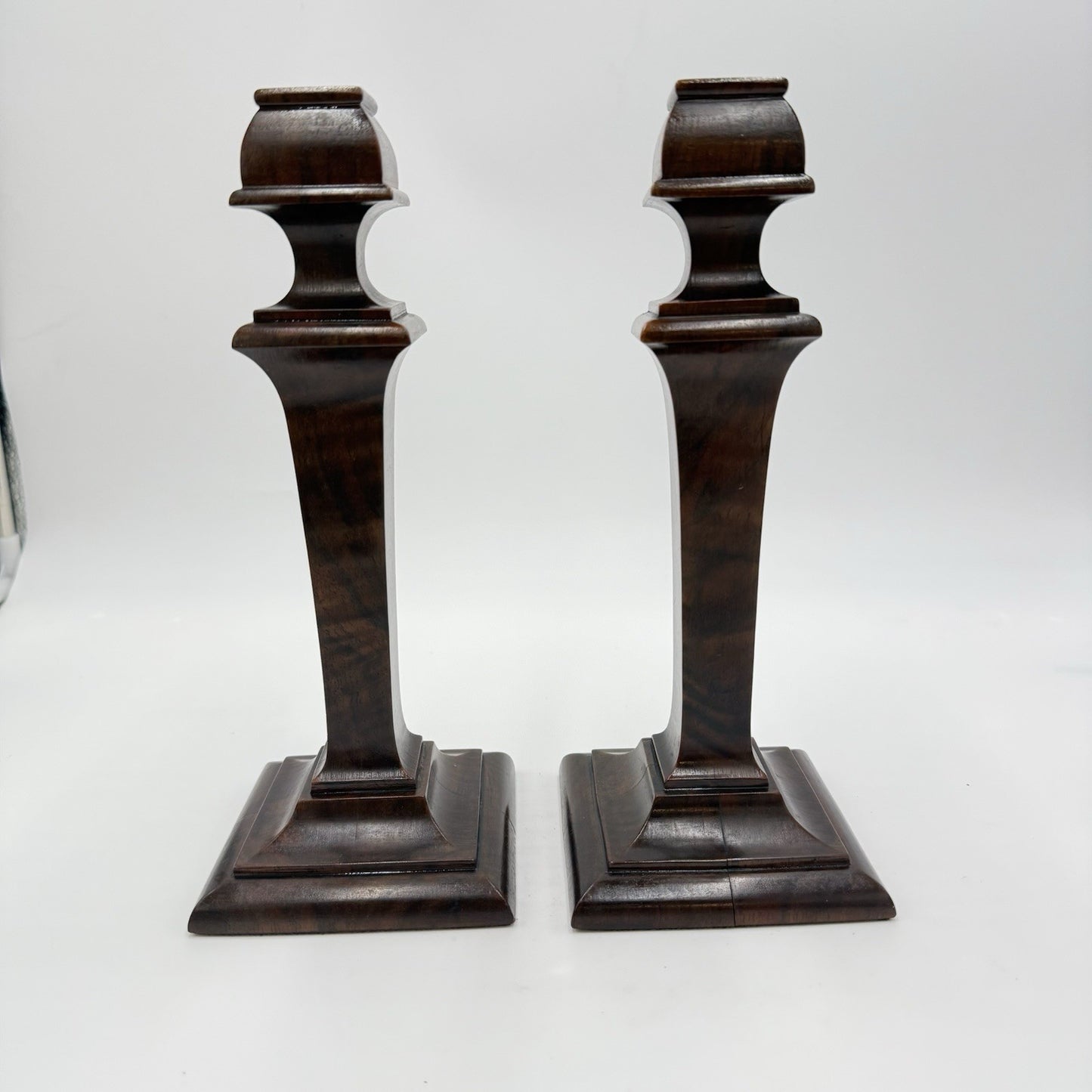 Early 20th Century Walnut Veneer Wood Pedestal Candlesticks Pair Red Velvet 10in