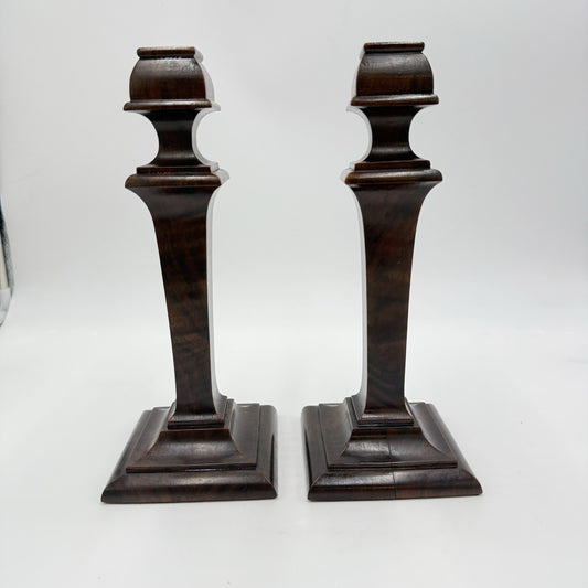Early 20th Century Walnut Veneer Wood Pedestal Candlesticks Pair Red Velvet 10in