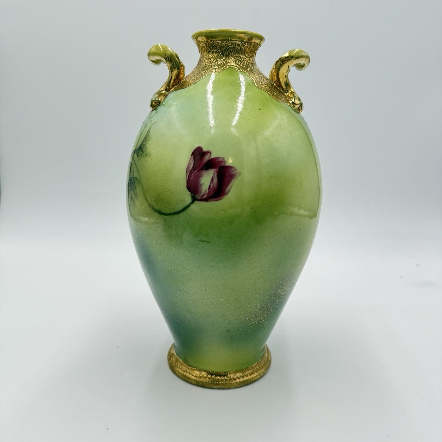 Antique Morimura Bros Nippon Poppy Gold Bead Hand Painted 10” Porcelain Vase Urn