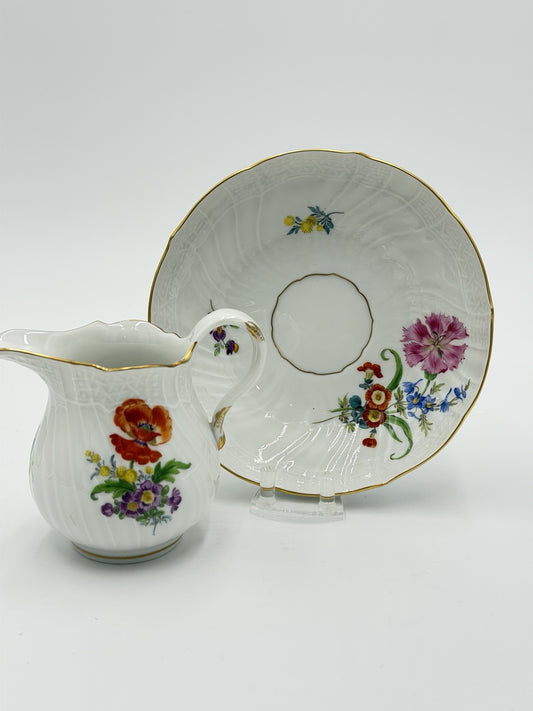 Antique Meissen Neubrandenstein Germany Porcelain Creamer & Saucer Set Floral
