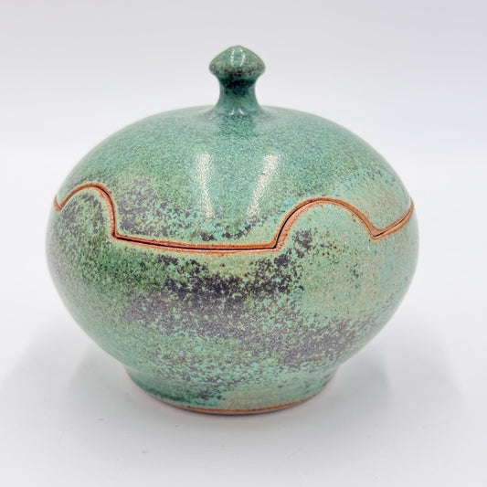 KK signed studio art pottery stoneware trinket dish green 4”vintage Rare W/lid