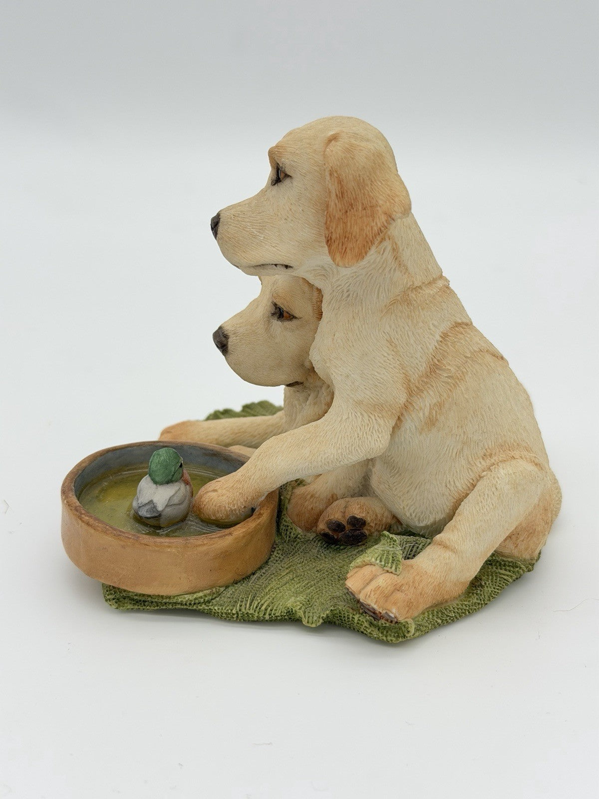 Country Artists England Yellow Labrador Pups W/Dog Bowl Painted Dog Figurine 4”