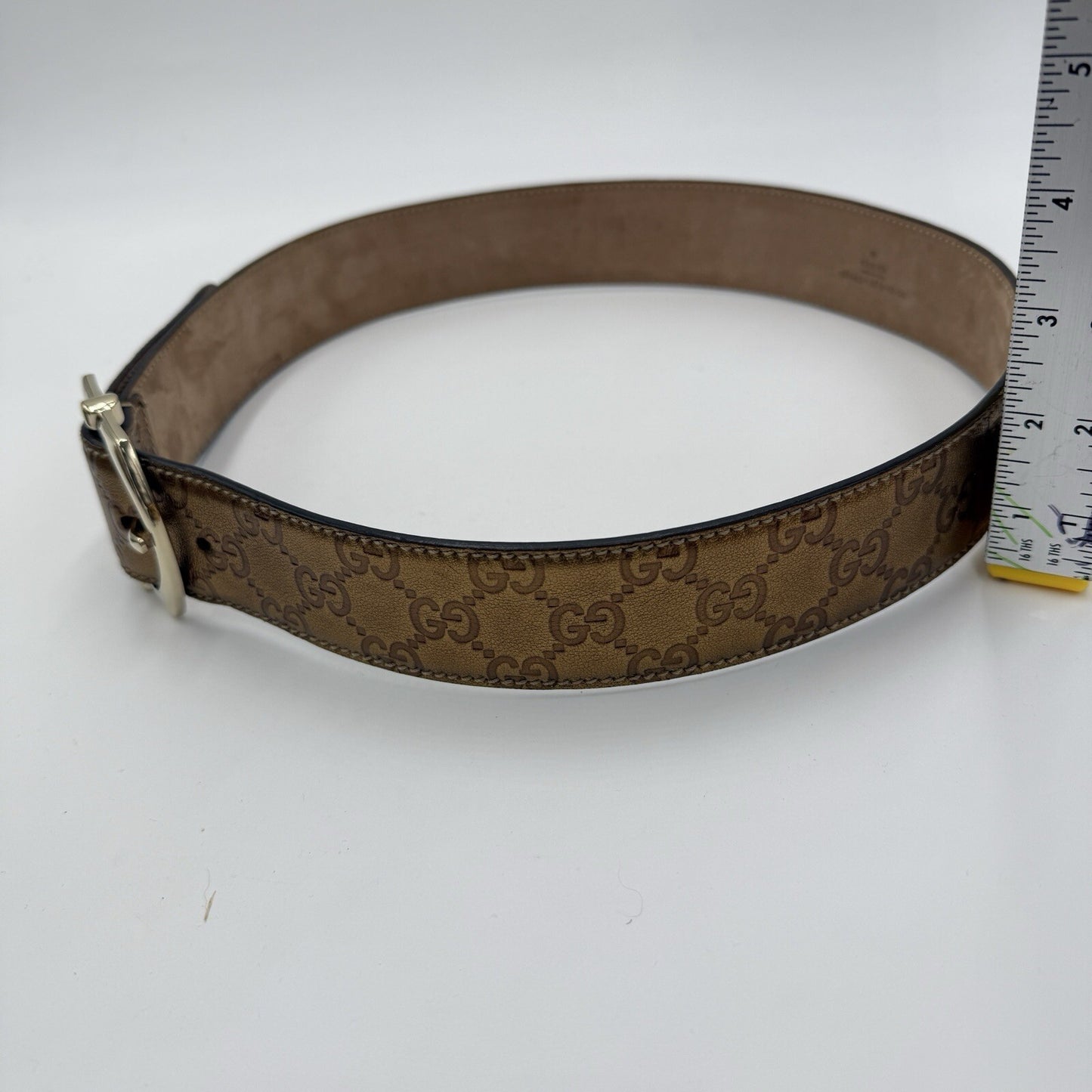 Gucci Bronze Metallic Guccissima Monogram Leather Belt Sz 85/34" Italy Authentic