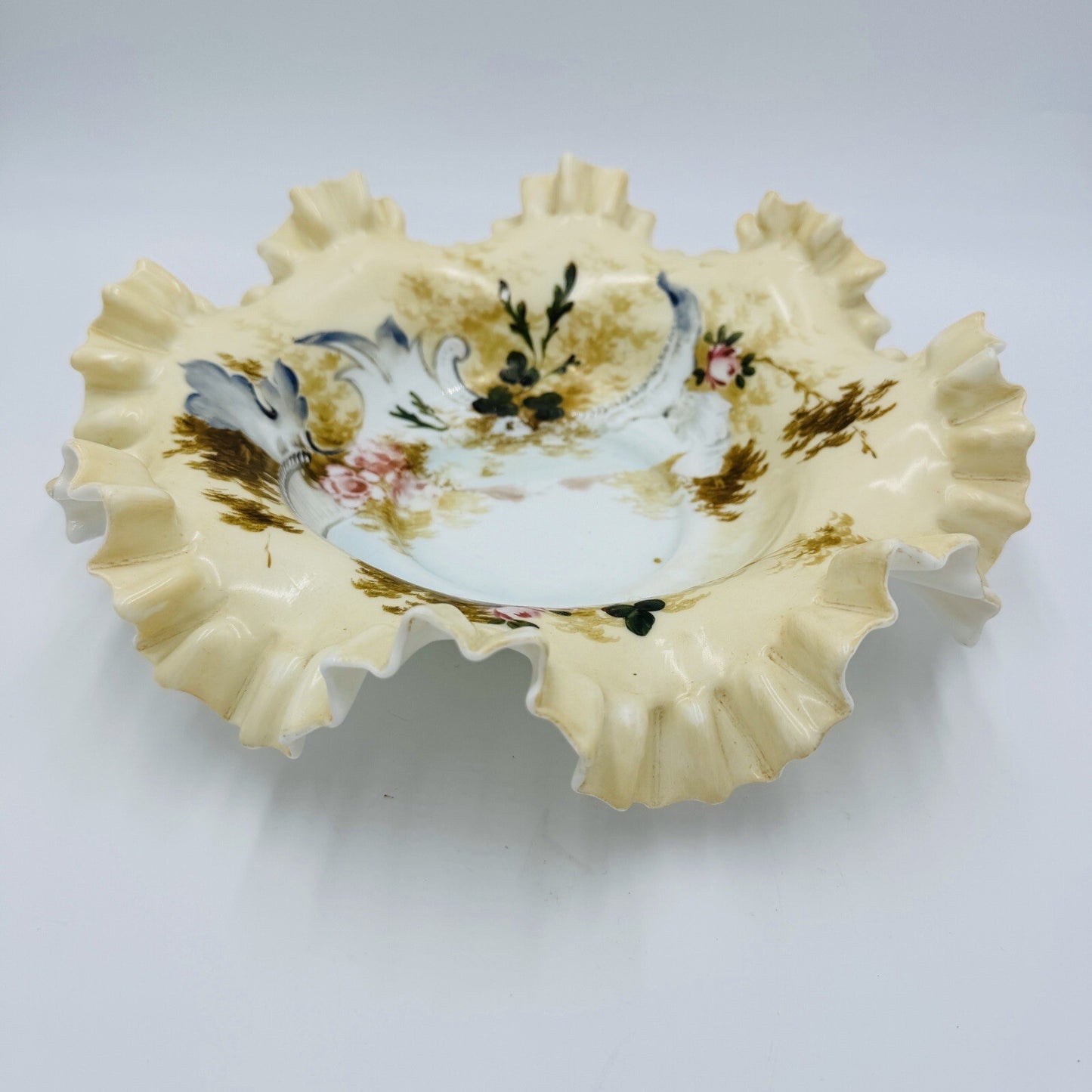 Antique Victorian Art Glass Ruffle Handpainted Bowl Large Floral