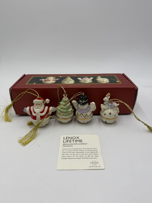 Lenox Porcelain USA Mini Sleigh Bells Ornaments Set Of 4 Reindeer Santa Snowman