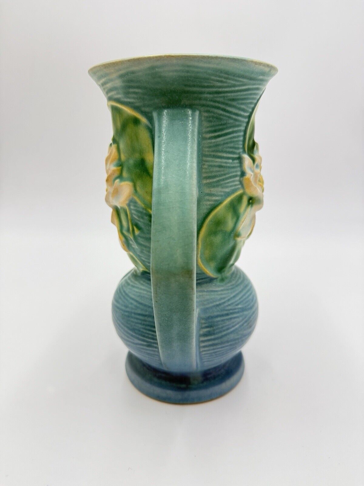 1943 Roseville Art Pottery USA 74-7 Blue Water Lilly 7” Vase Embossed Vtg (flaw)