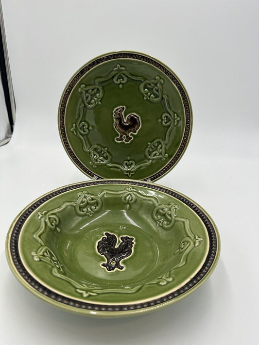 Cracker Barrel Bowl and Plate Set Elegant Rooster Green 9 5/8in X 2in Rimmed