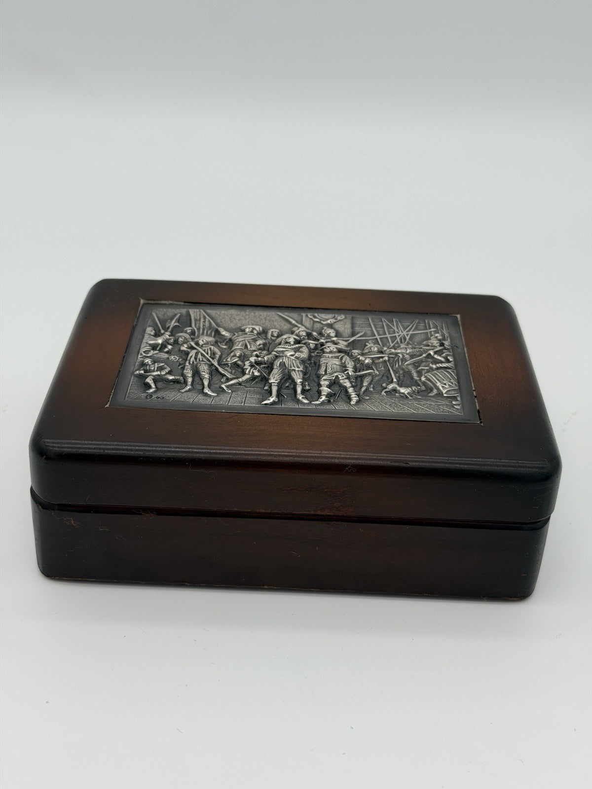 Antique Dutch Silver Mounted Wood Box Keepsake Folk Art Rembrandt’s Night Watch