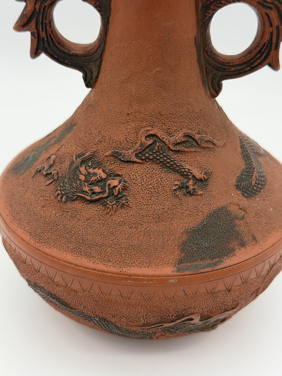 Antique Meiji Japanese Tokoname Terracota   Embossed Dragon Double Handle 10”H